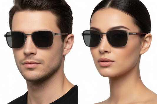 Man and woman wearing single bridge metal sunglasses