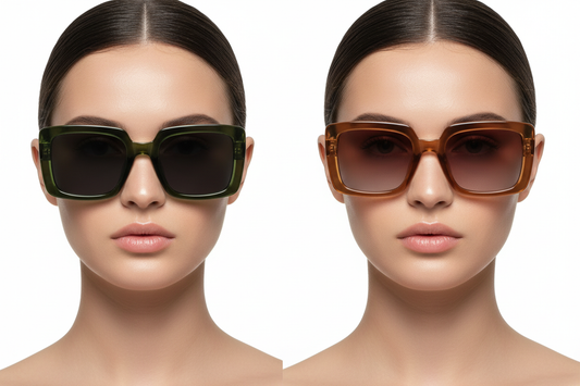 Two women wearing oversized square sunglasses