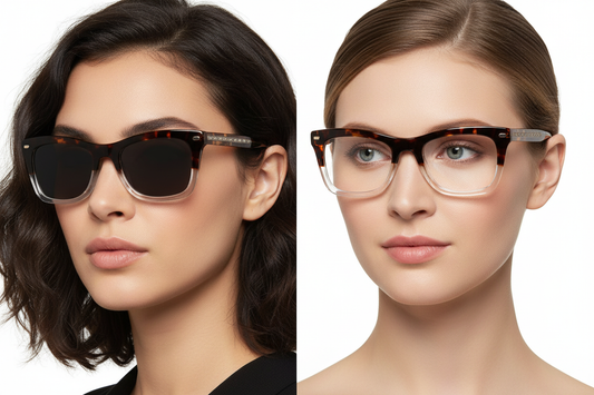 Two women wearing tortoiseshell eyeglasses - sunglasses and optical