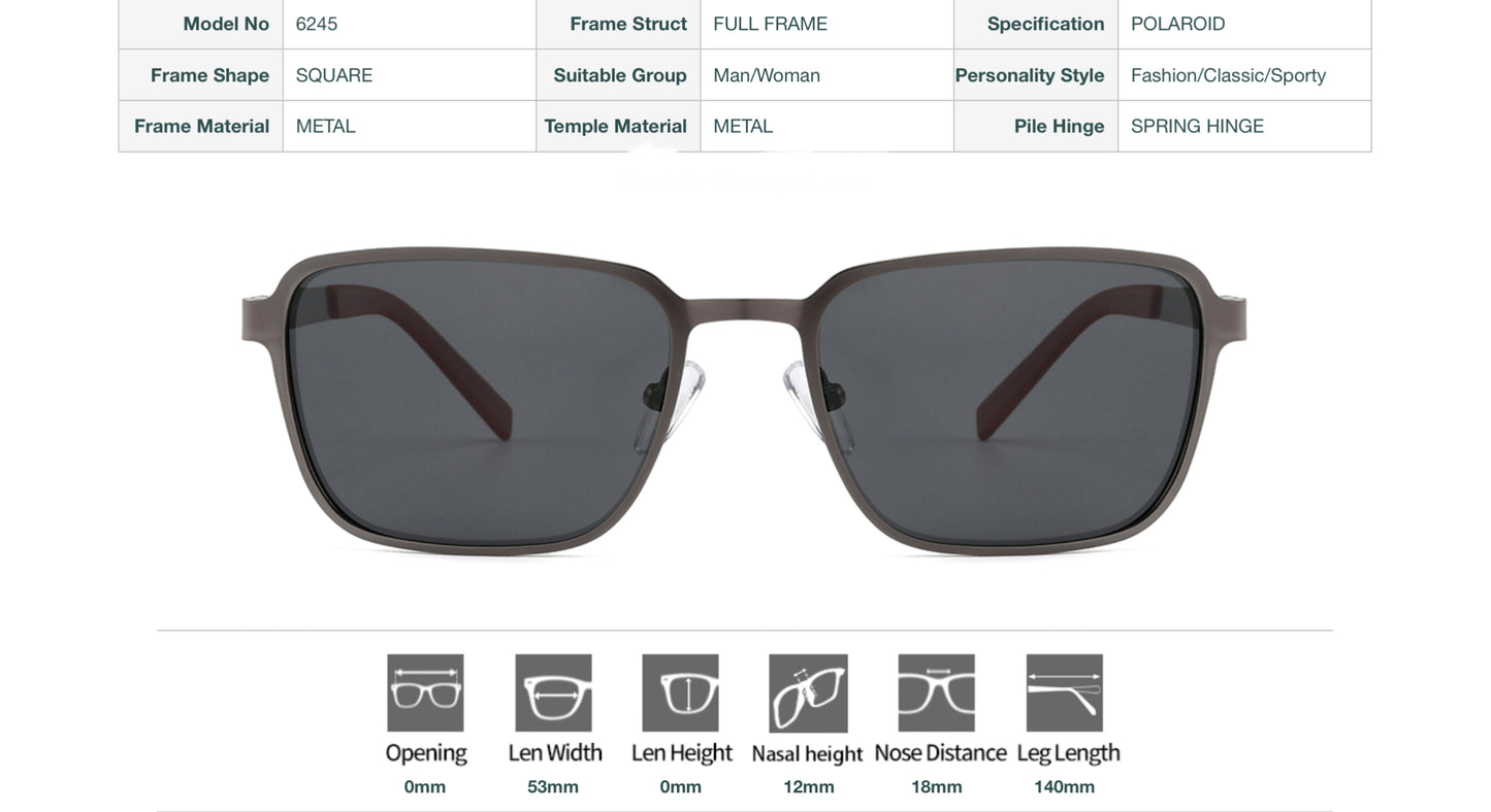 Model 6245 Polaroid Square Sunglasses - Unisex Metal Frame