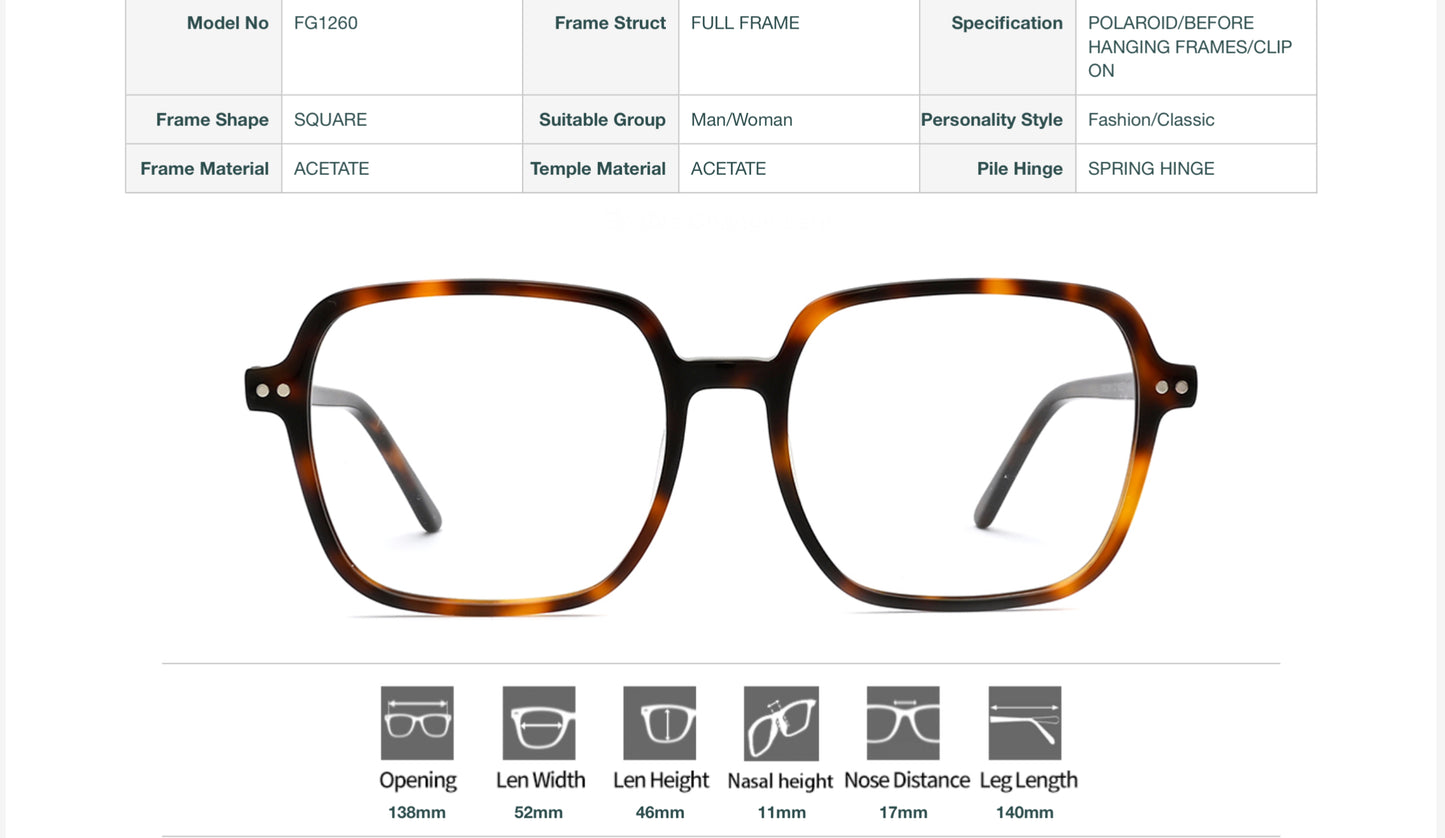 Vittorio FG1260 Square Eyeglasses Frame with Clip-On Sunglasses