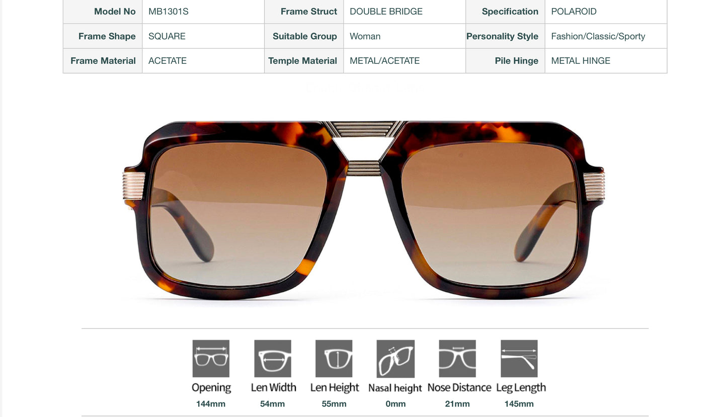 Vittorio MB1301S Square Sunglasses - Unisex Double Bridge Acetate Frames