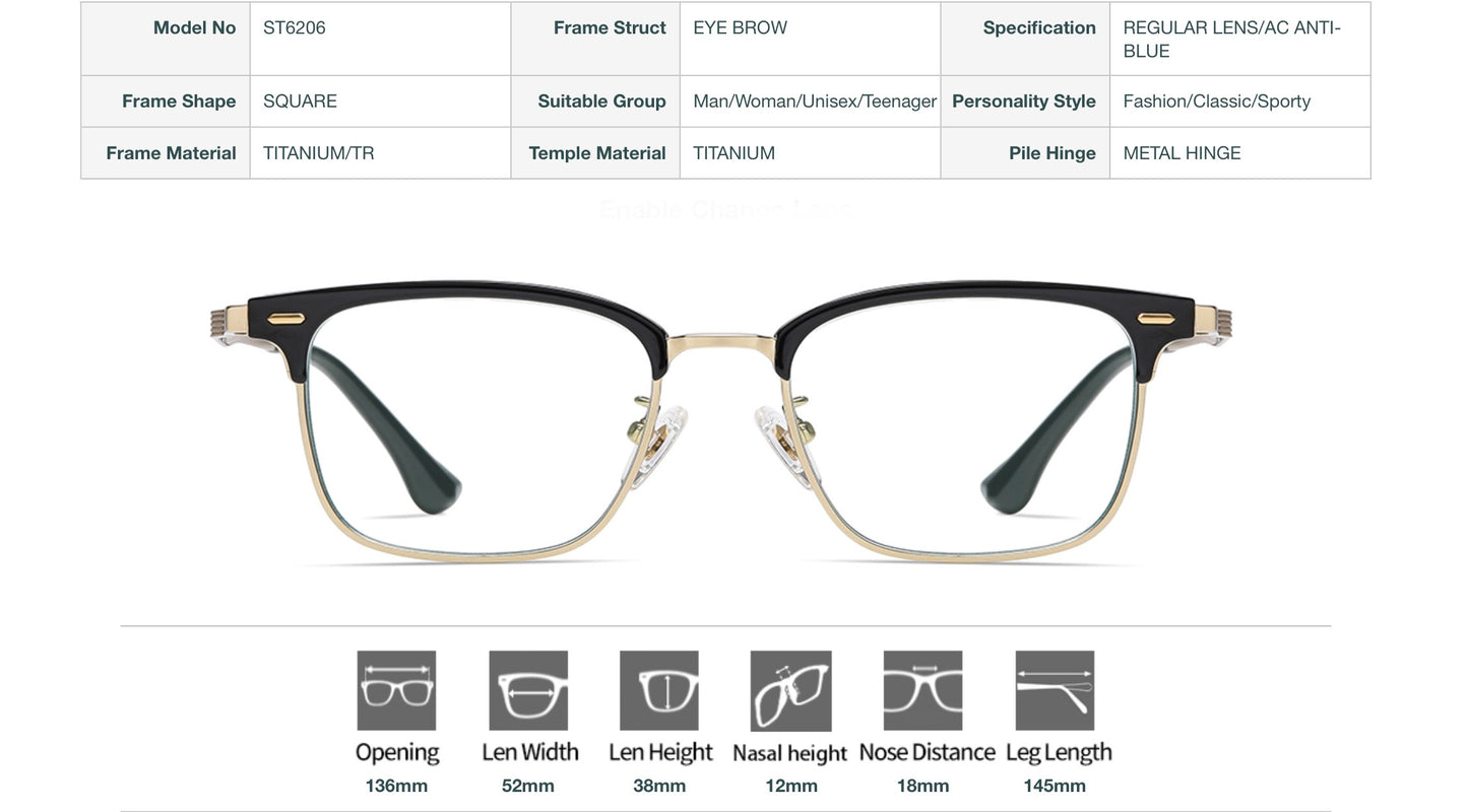 Vittorio ST6206 Square Titanium Eyeglasses - Anti-Blue Light