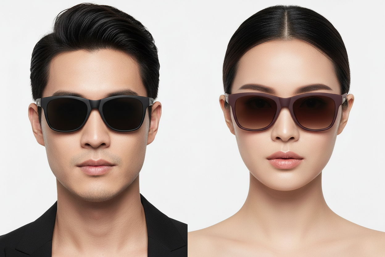 Asian man and woman wearing wayfarer sunglasses