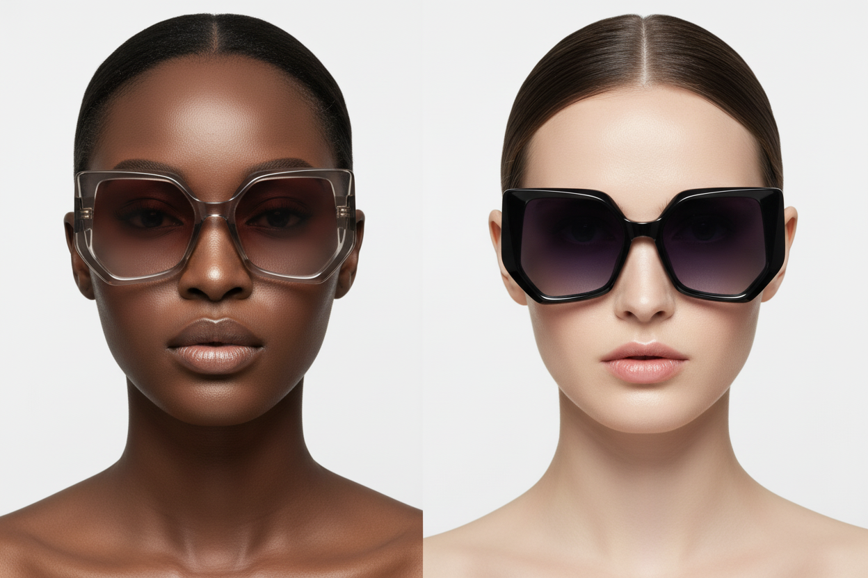 Black and white women wearing oversized geometric sunglasses