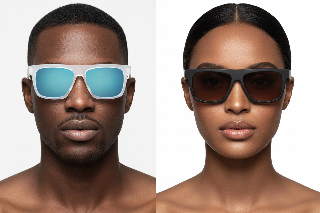 Black man and woman wearing flat-top sunglasses