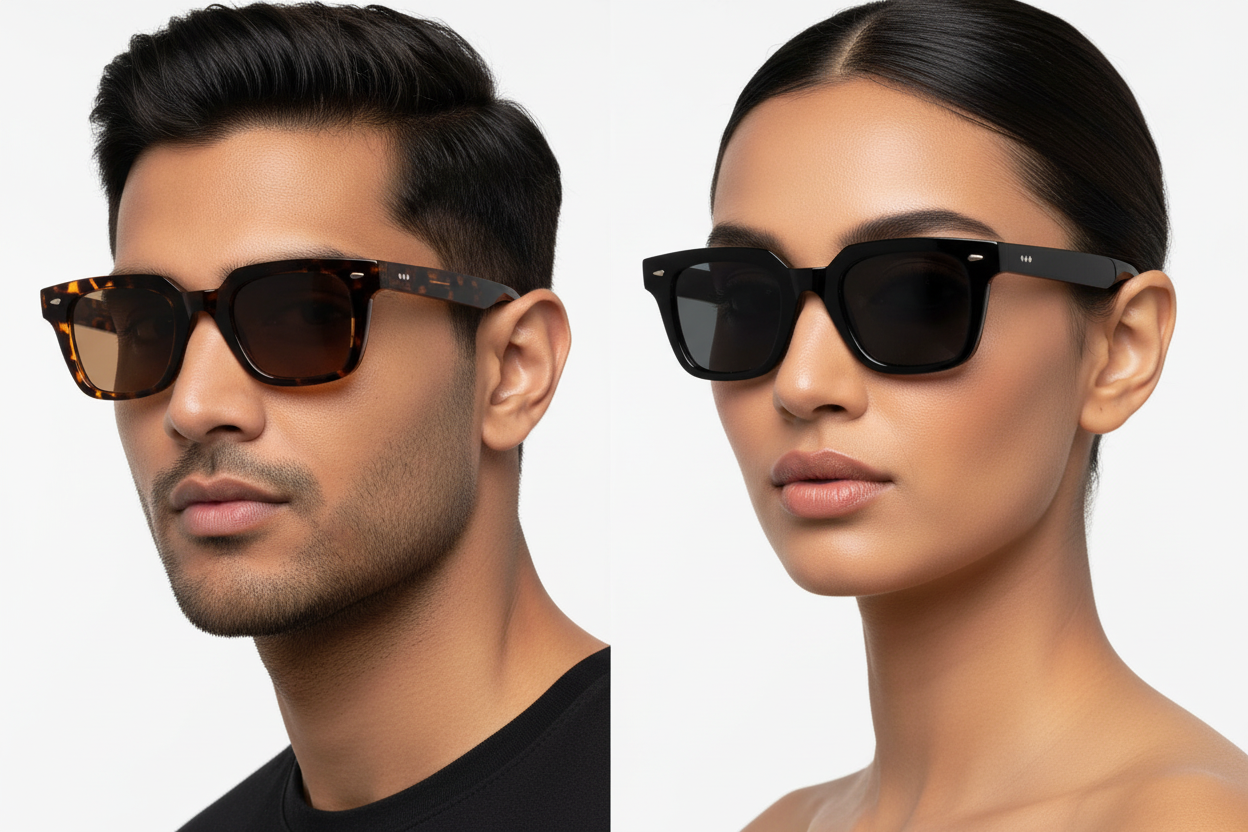 Indian man and woman wearing wayfarer sunglasses