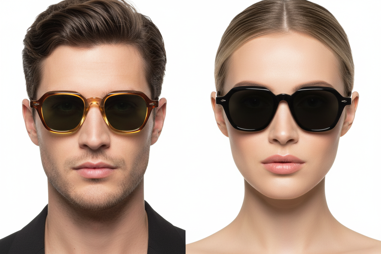 Man and woman wearing angular sunglasses with arrow detail