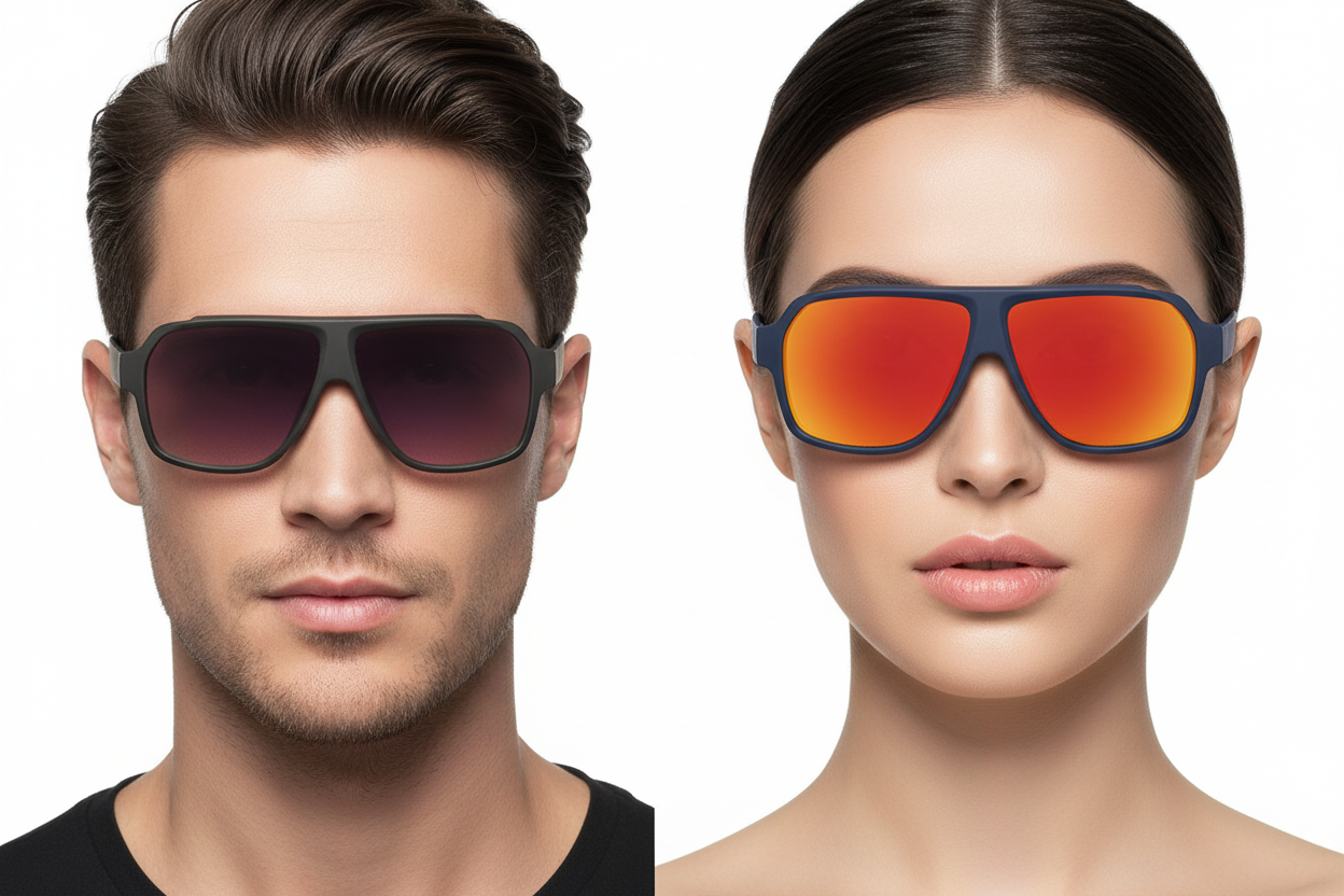 Man and woman wearing aviator flat-top sunglasses