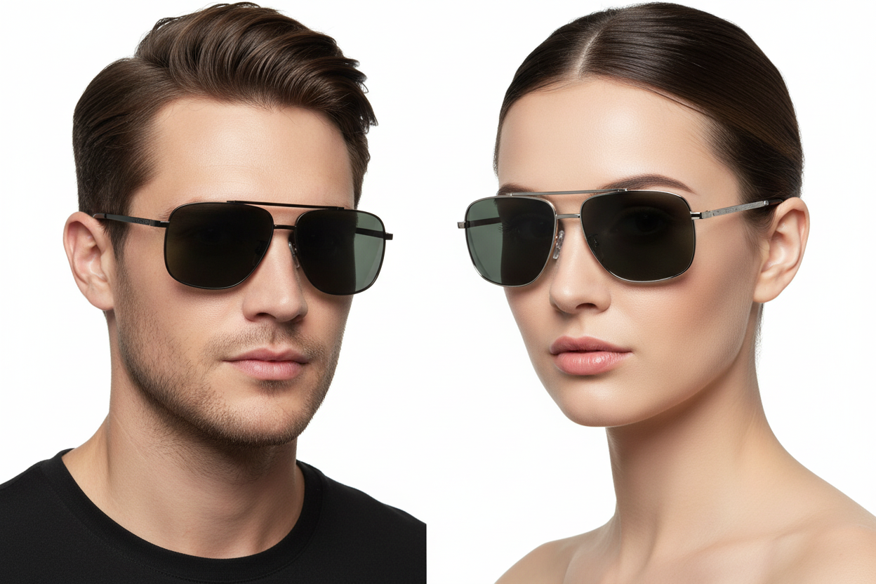 Man and woman wearing aviator-style square sunglasses