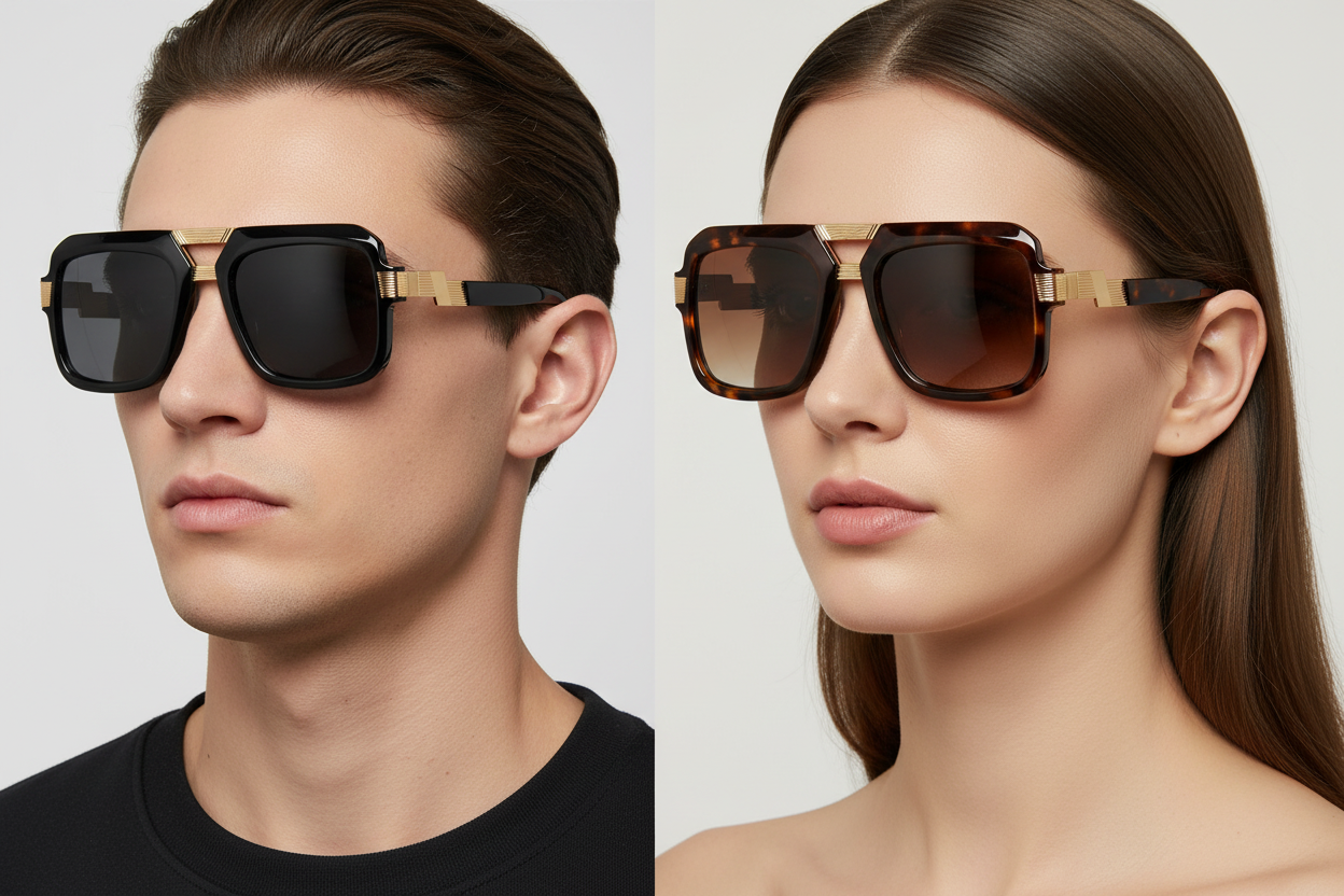 Man and woman wearing aviator sunglasses with arms visible
