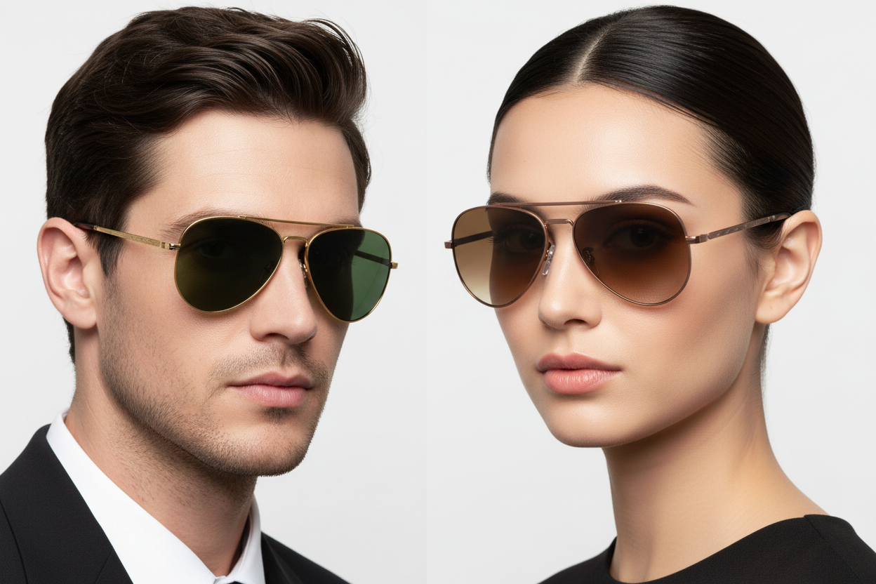Man and woman wearing aviator sunglasses with textured temples
