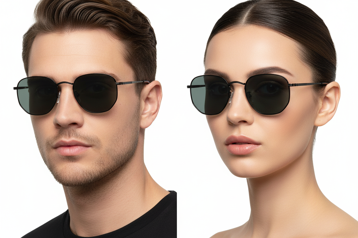 Man and woman wearing black square metal sunglasses with textured bridge