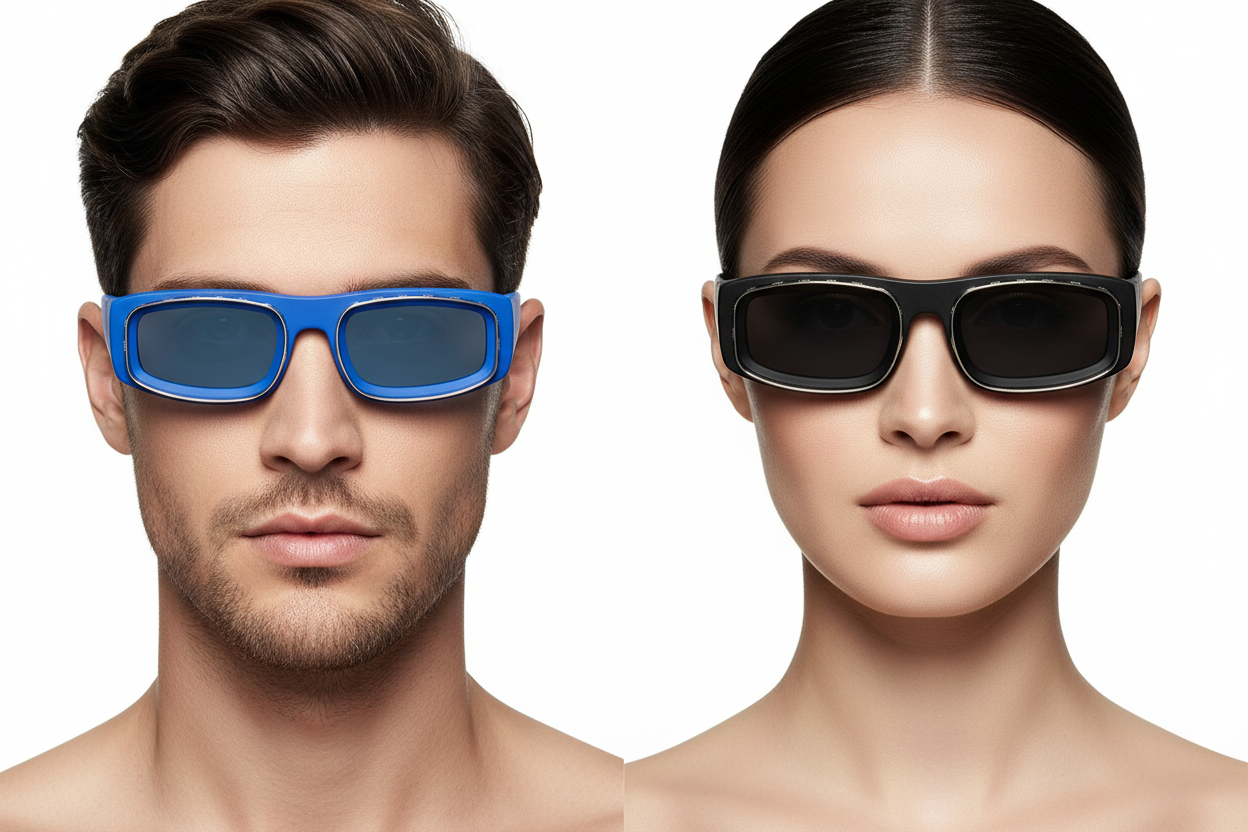 Man and woman wearing blue and black rectangular sunglasses