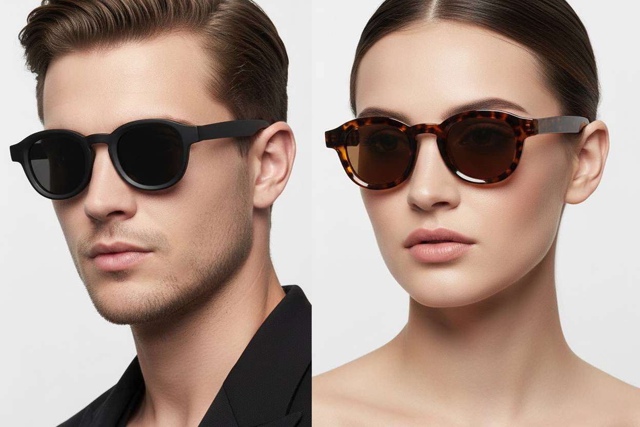 Man and woman wearing bold round sunglasses