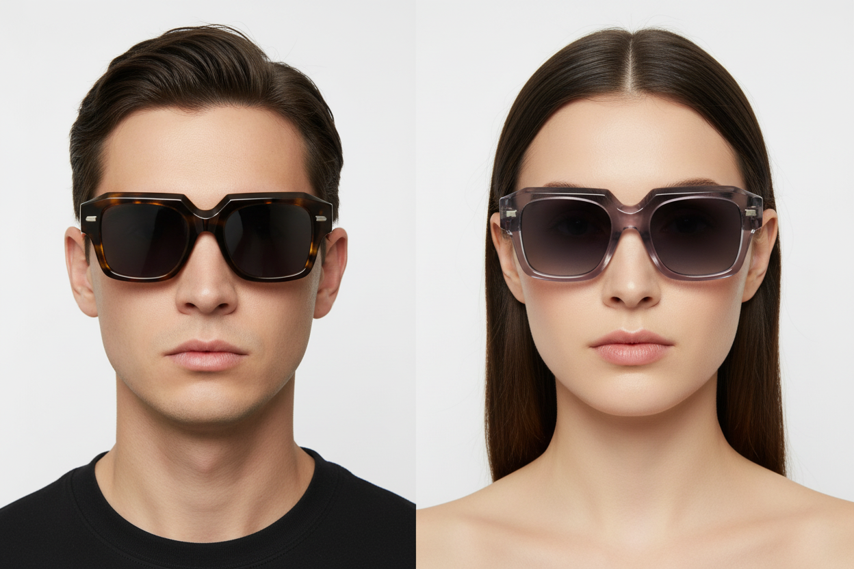 Man and woman wearing bold square sunglasses