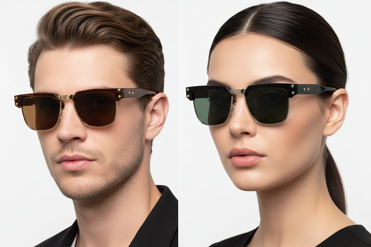 Man and woman wearing clubmaster sunglasses with rivets