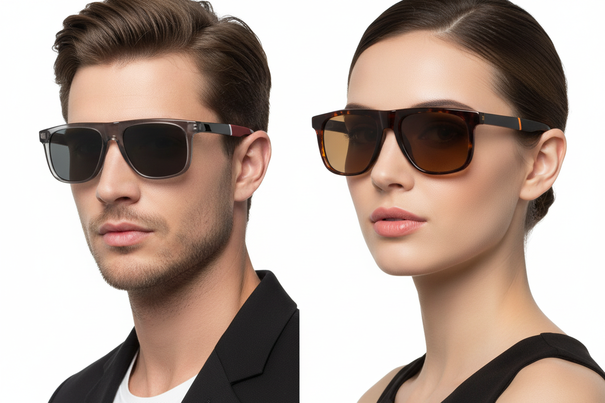 Man and woman wearing flat-top aviator sunglasses