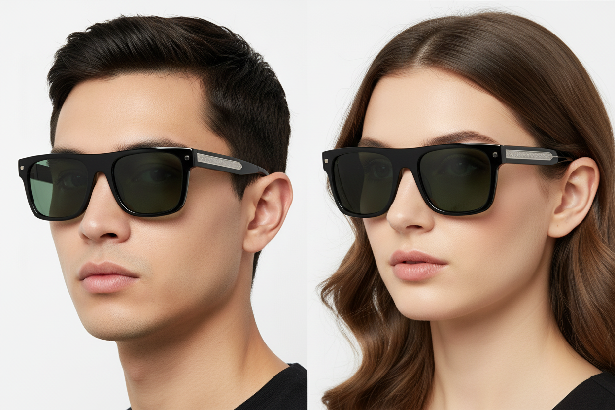 Man and woman wearing flat-top square sunglasses