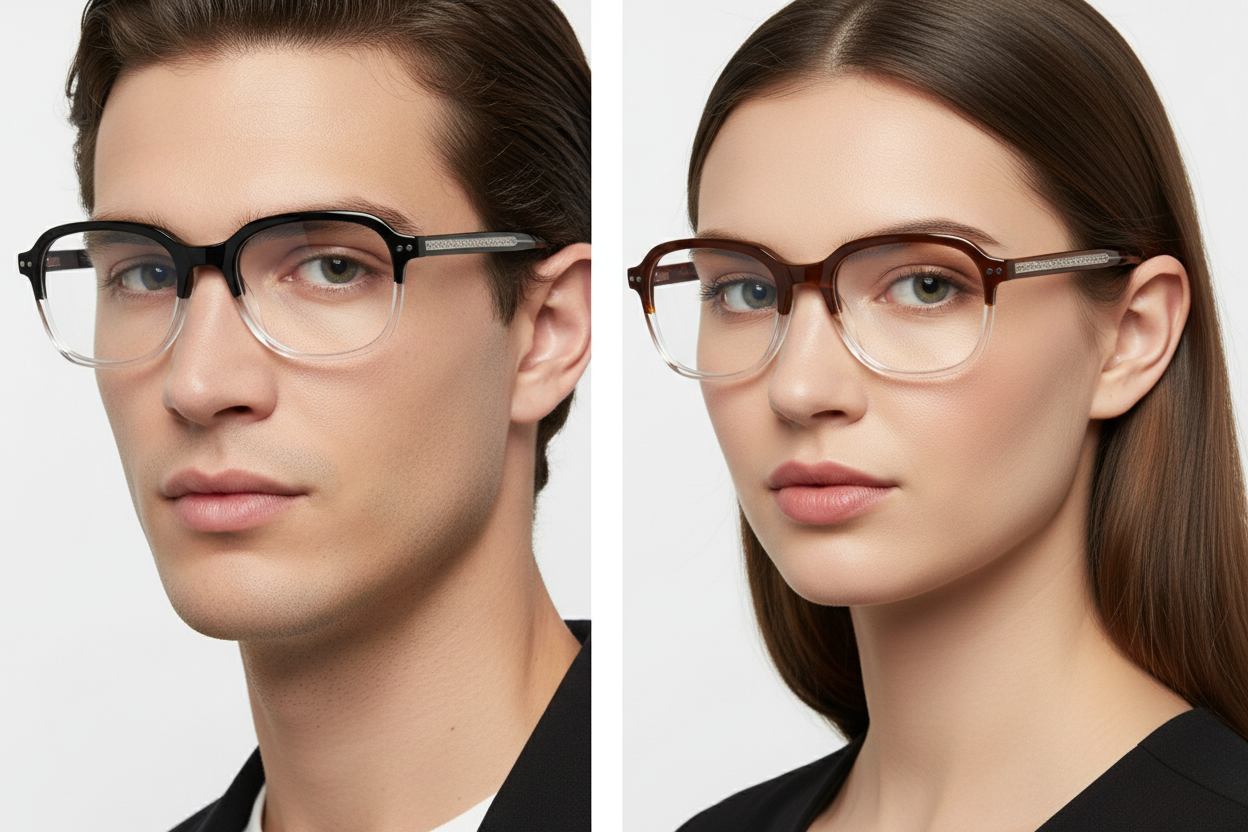 Man and woman wearing gradient eyeglasses with decorative temples