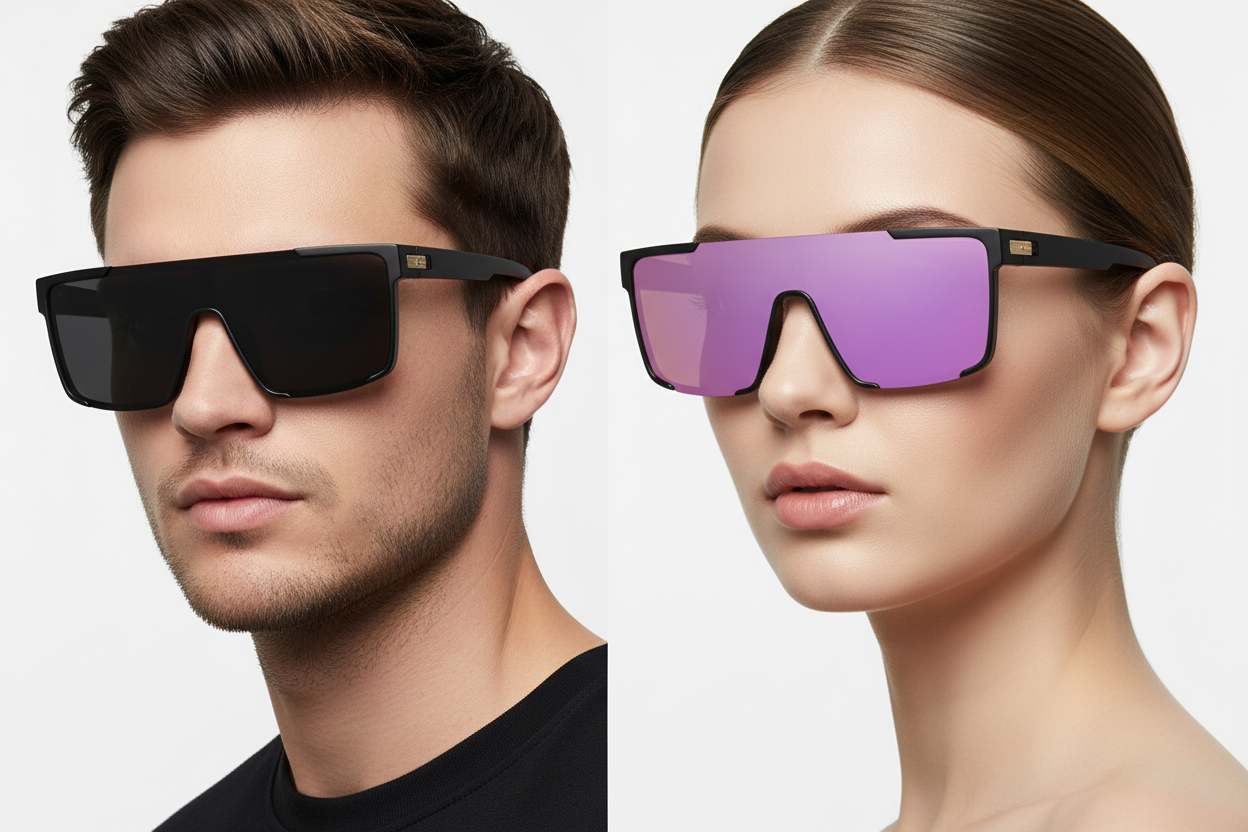 Man and woman wearing oversized shield sunglasses