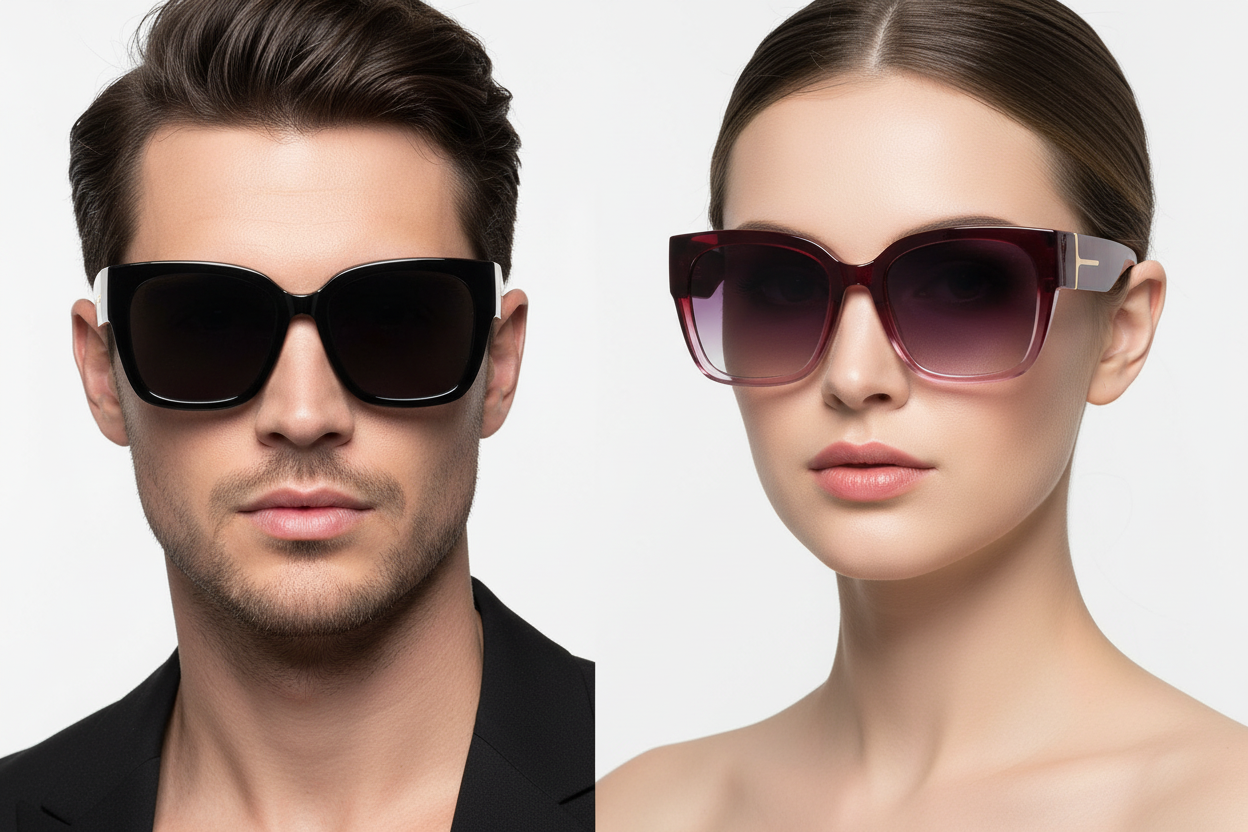 Man and woman wearing oversized square sunglasses with gold temple accents