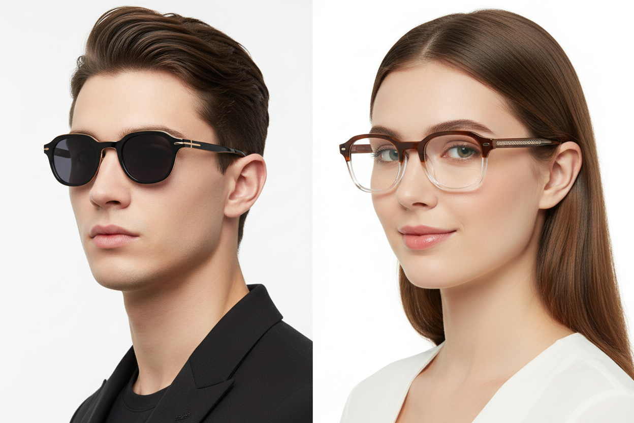 Man and woman wearing Polaroid oval eyeglasses