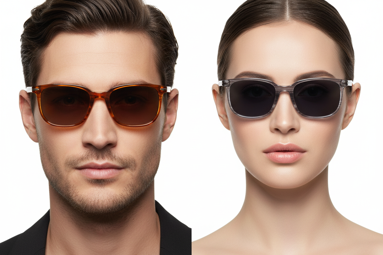 Man and woman wearing Polaroid oval sunglasses