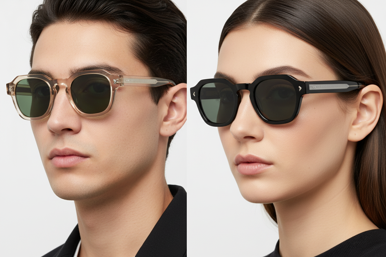 Man and woman wearing Polaroid square sunglasses