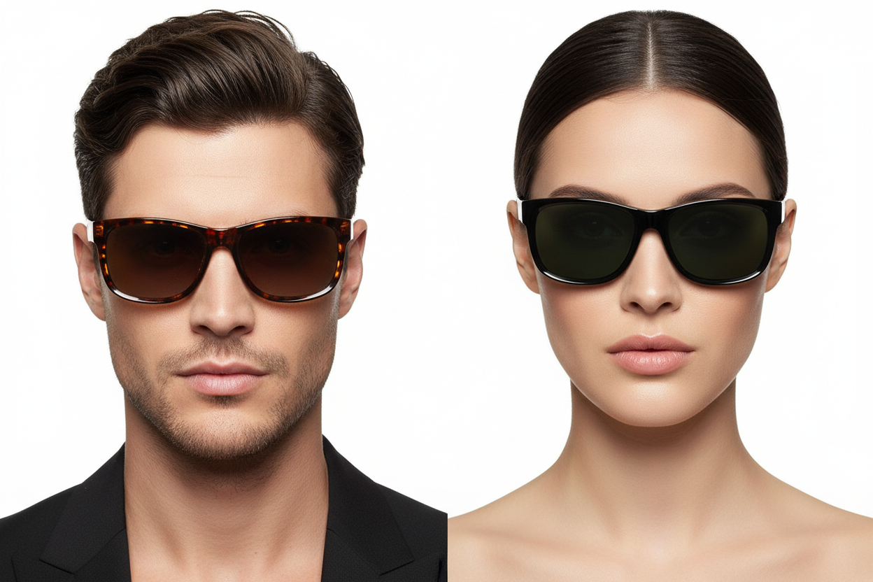 Man and woman wearing rectangular sunglasses with gold accents