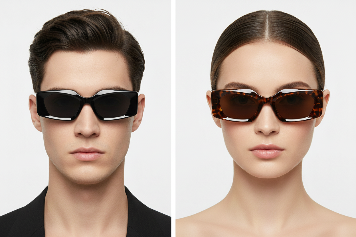 Man and woman wearing rectangular sunglasses