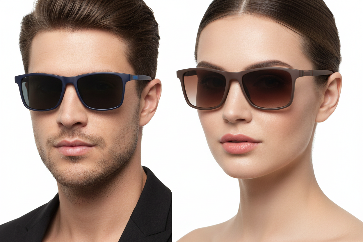 Man and woman wearing rectangular wayfarer sunglasses