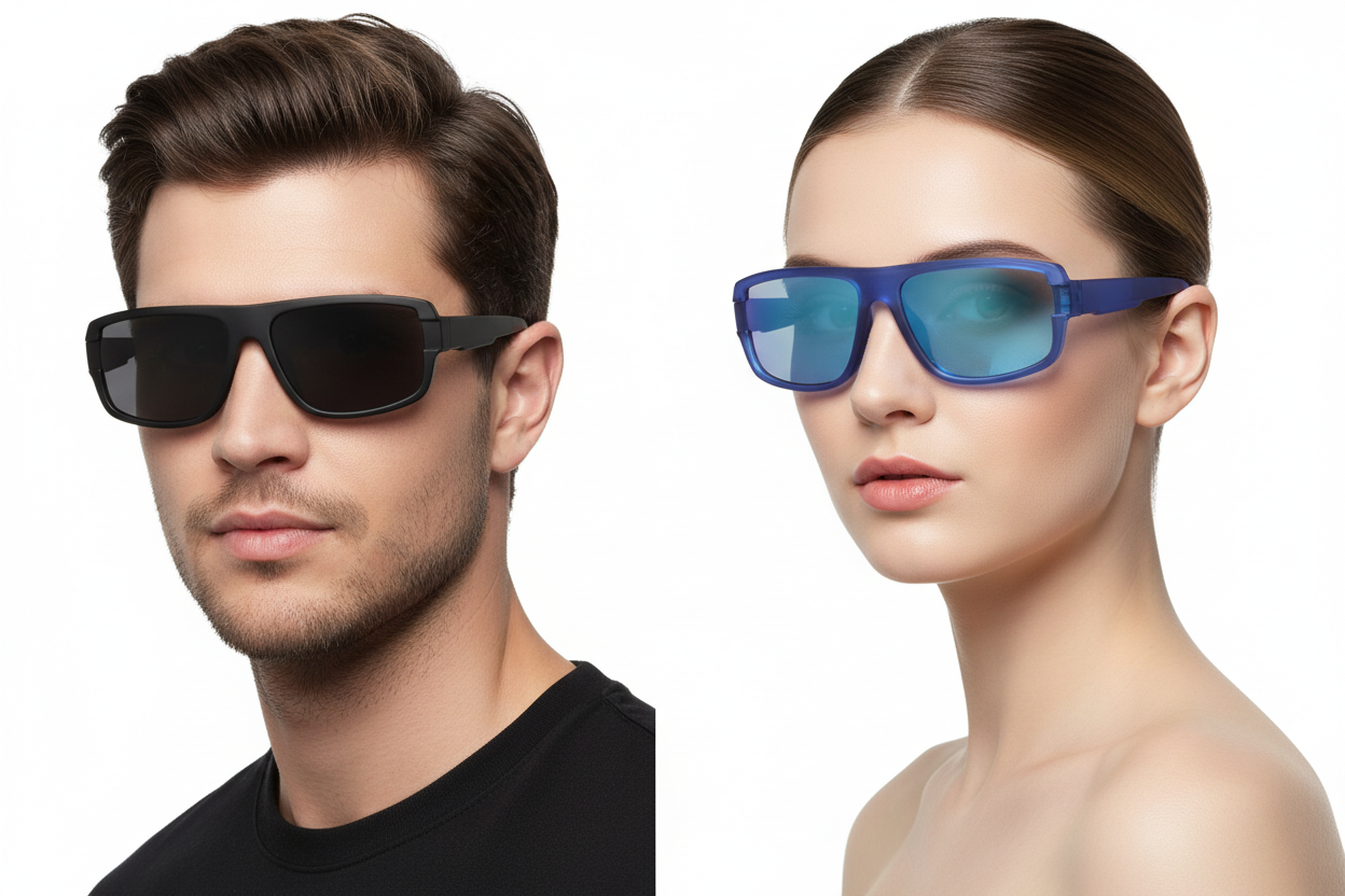 Man and woman wearing rectangular wrap-style sunglasses