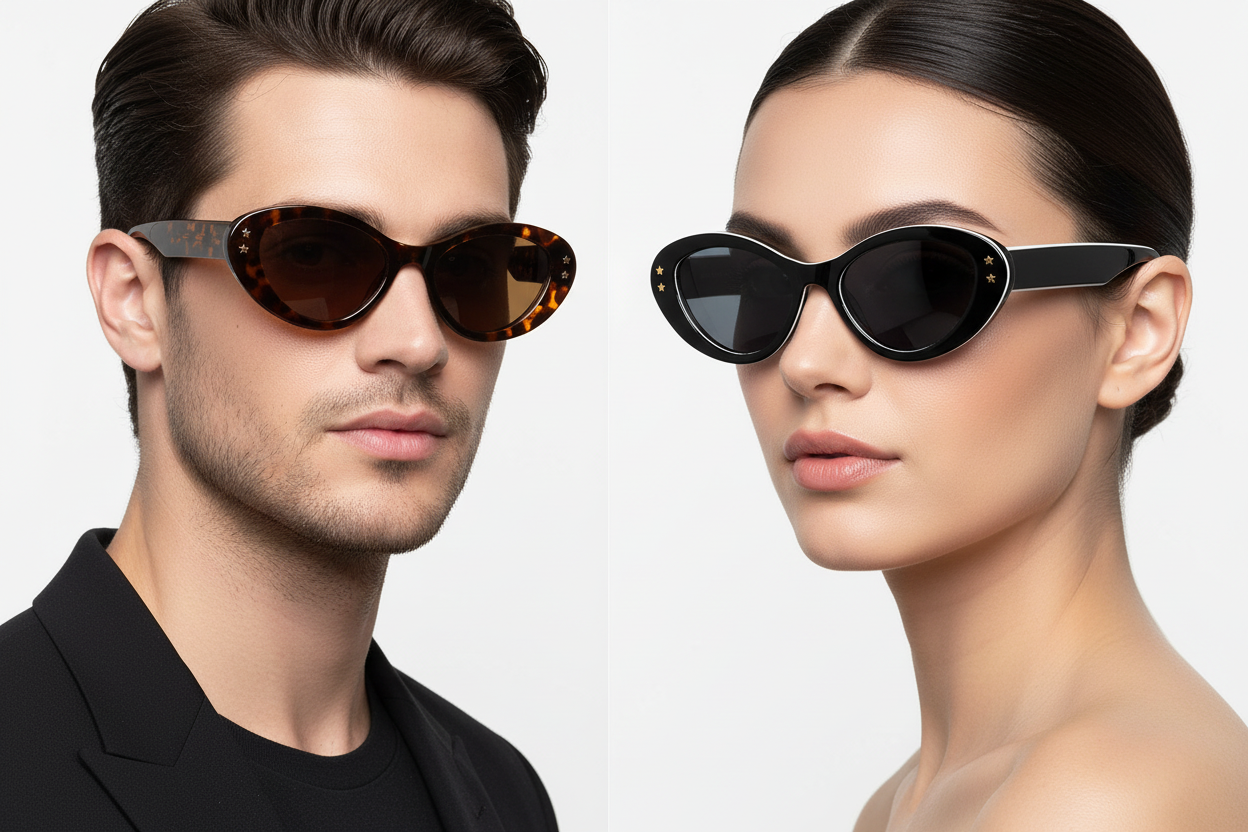 Man and woman wearing retro cat-eye sunglasses with gold stars