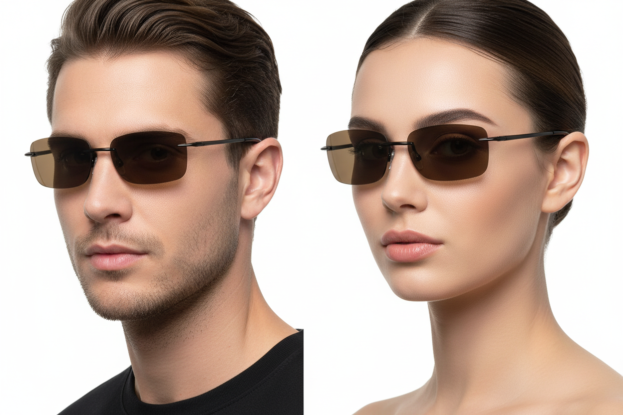 Man and woman wearing rimless rectangular sunglasses