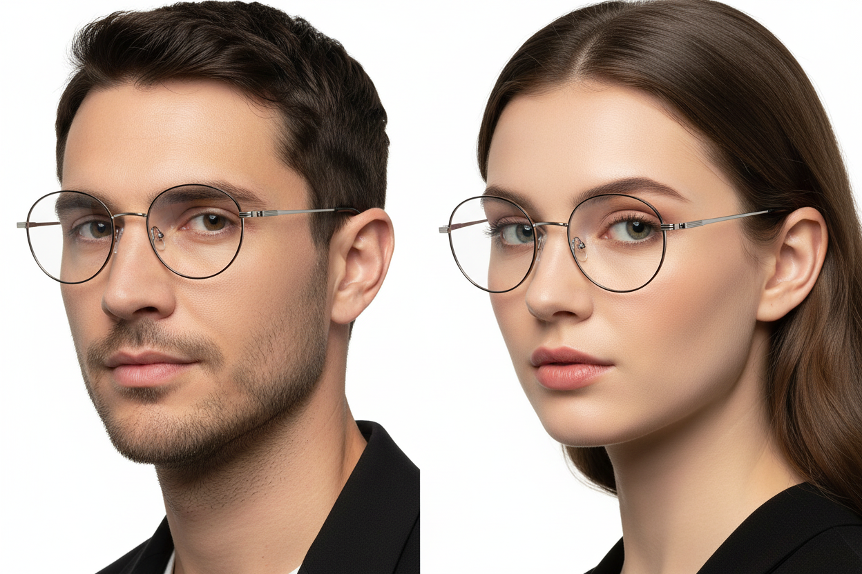 Man and woman wearing round metal eyeglasses