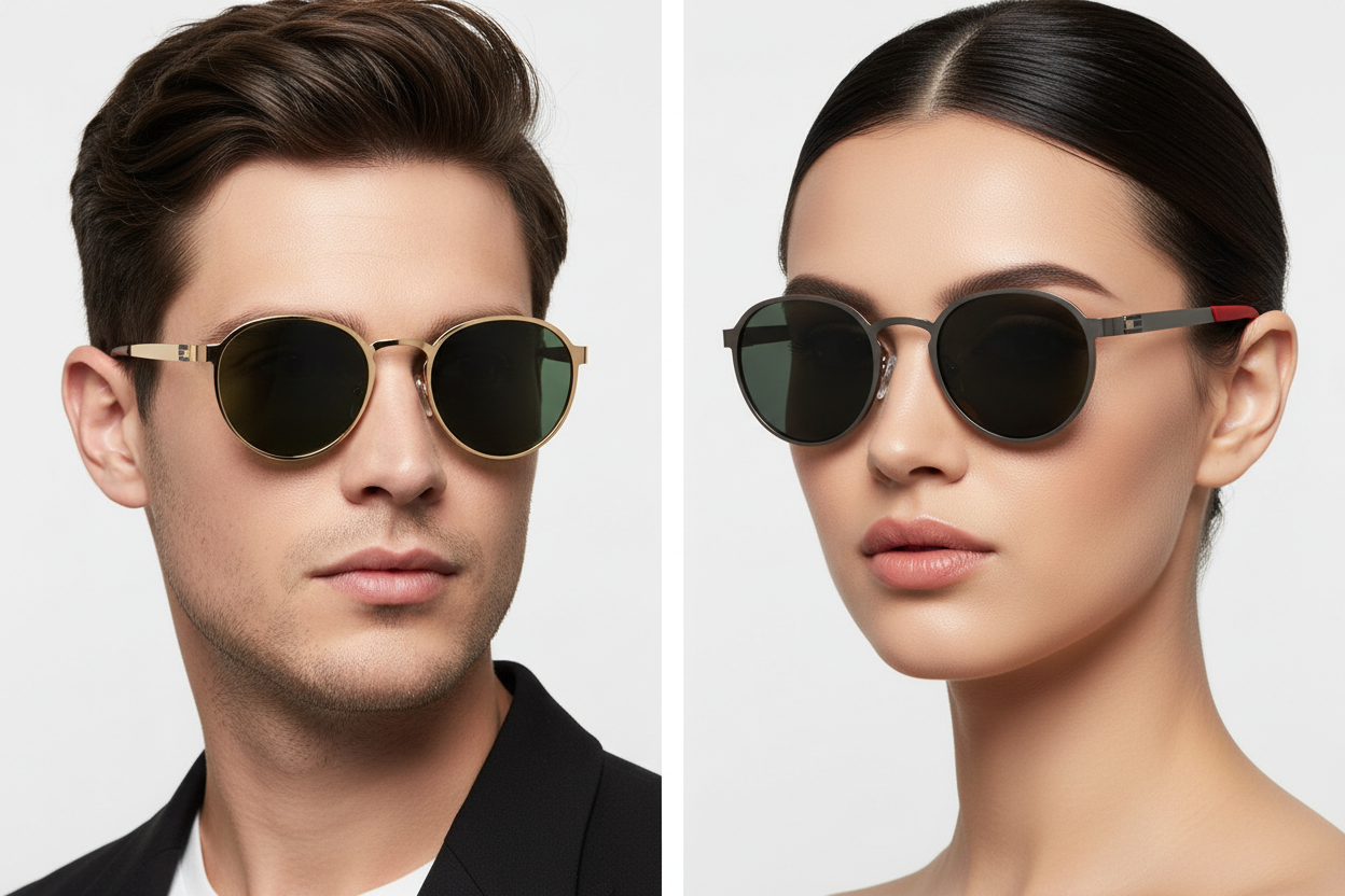 Man and woman wearing round metal sunglasses