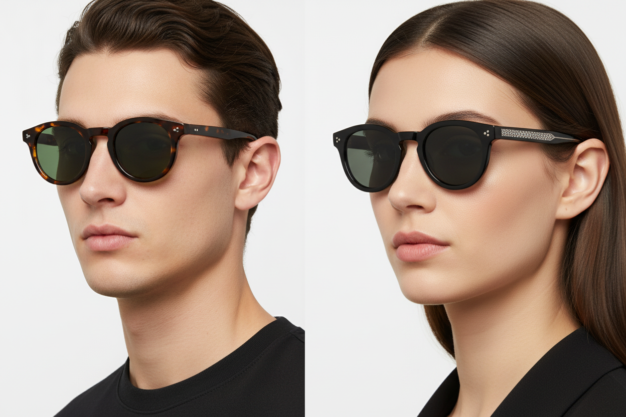 Man and woman wearing round Polaroid sunglasses