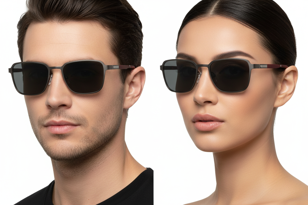 Man and woman wearing single bridge metal sunglasses
