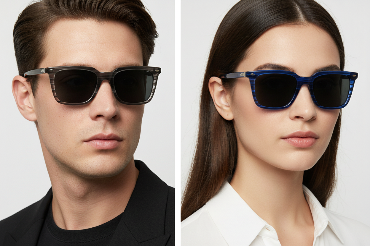 Man and woman wearing square striped sunglasses