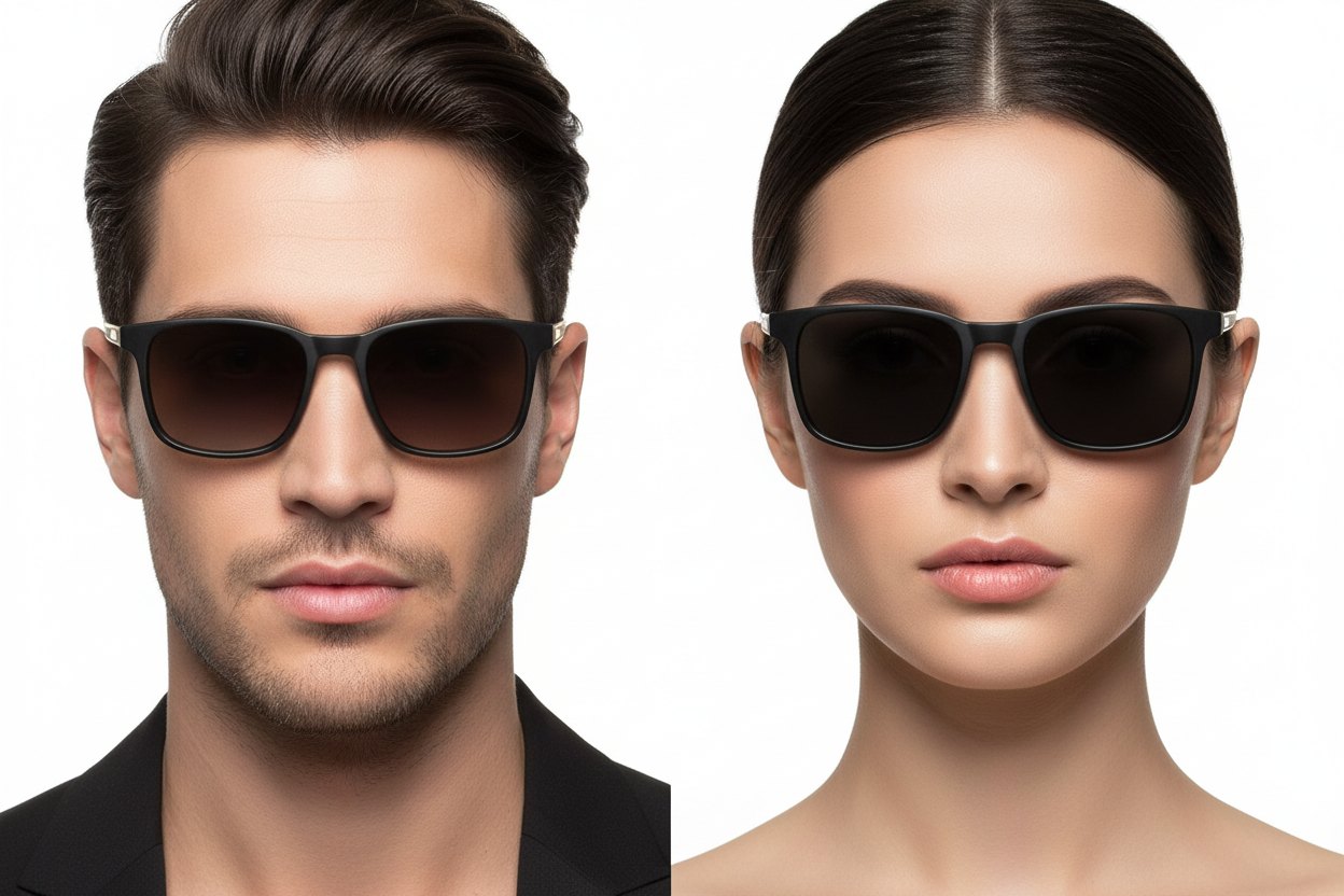 Man and woman wearing square sunglasses with metal temple detail