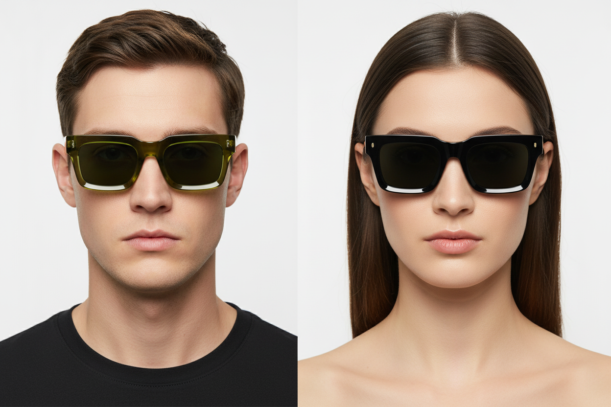 Man and woman wearing square sunglasses