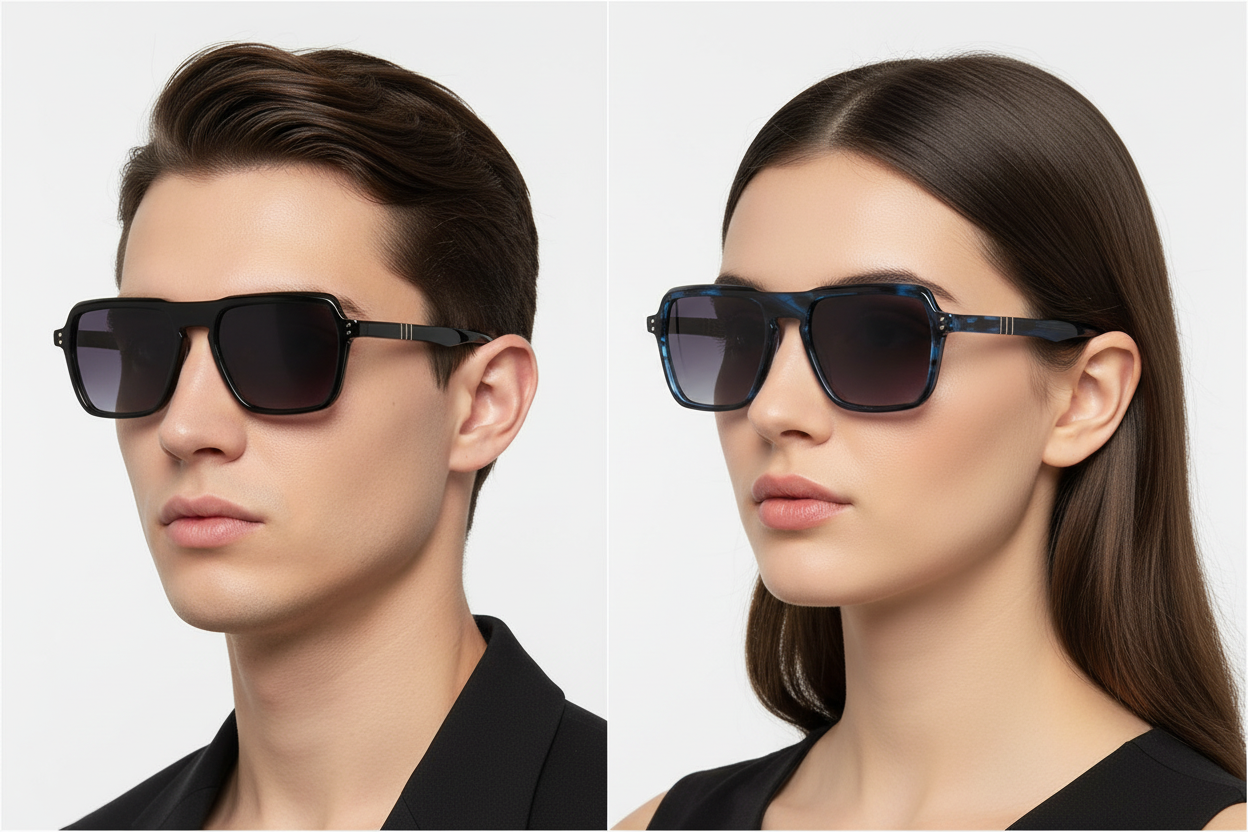 Man and woman wearing square sunglasses
