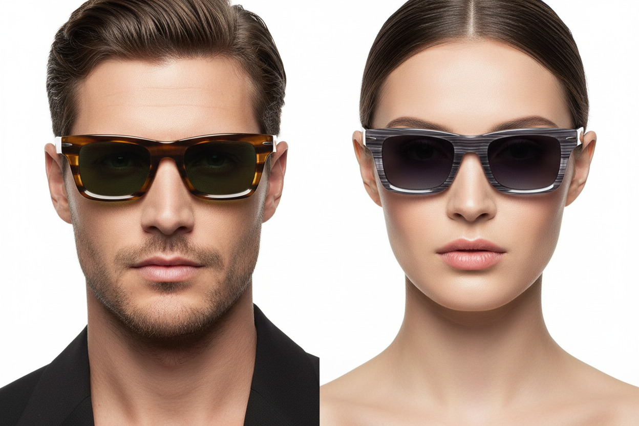 Man and woman wearing striped square sunglasses