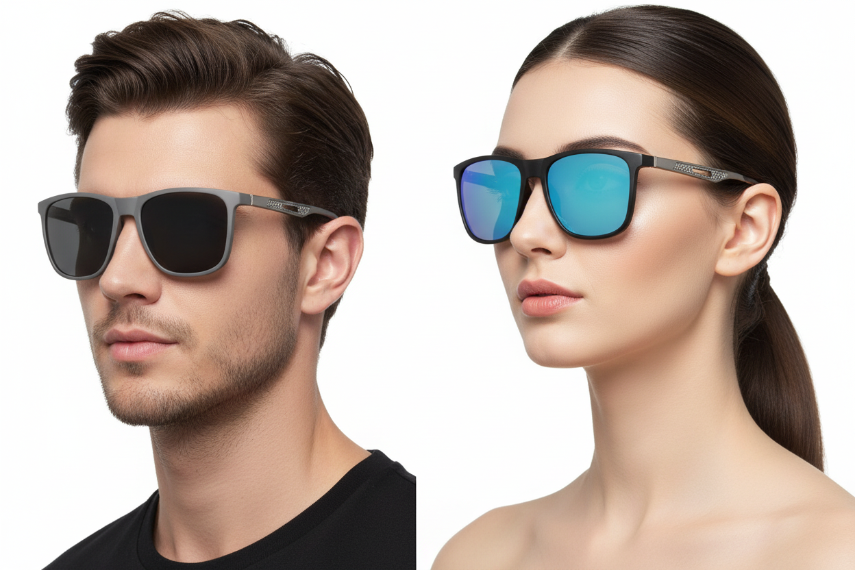Man and woman wearing sunglasses with temple arms visible