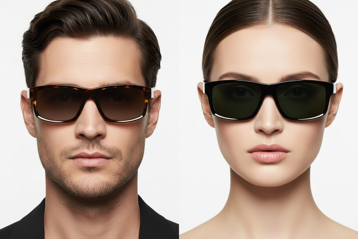 Man and woman wearing tortoiseshell and black rectangular sunglasses