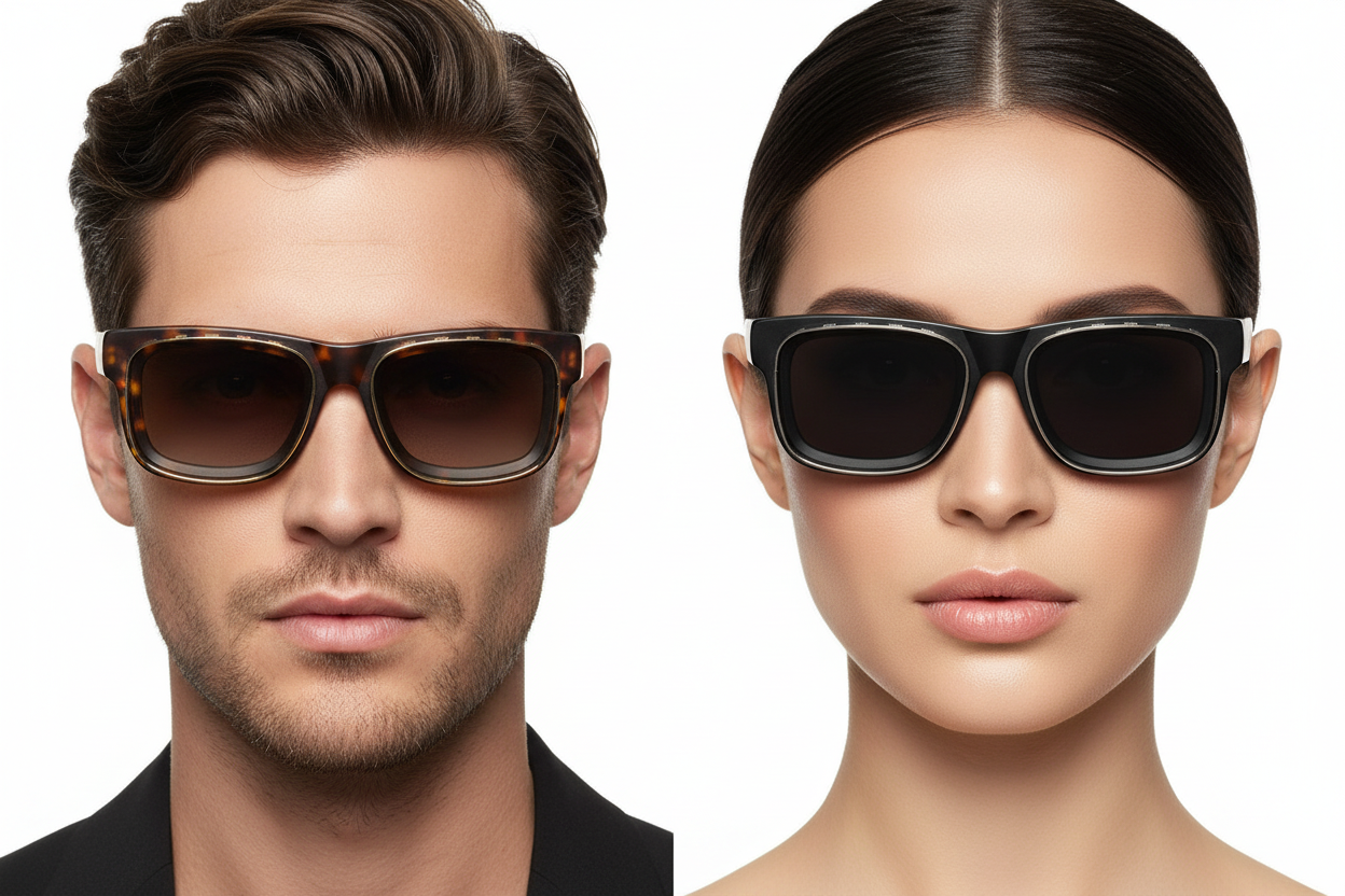 Man and woman wearing tortoiseshell and black square sunglasses