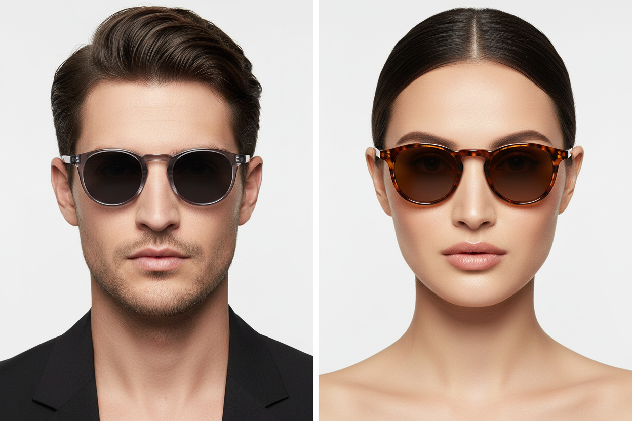 Man and woman wearing translucent and tortoiseshell round sunglasses