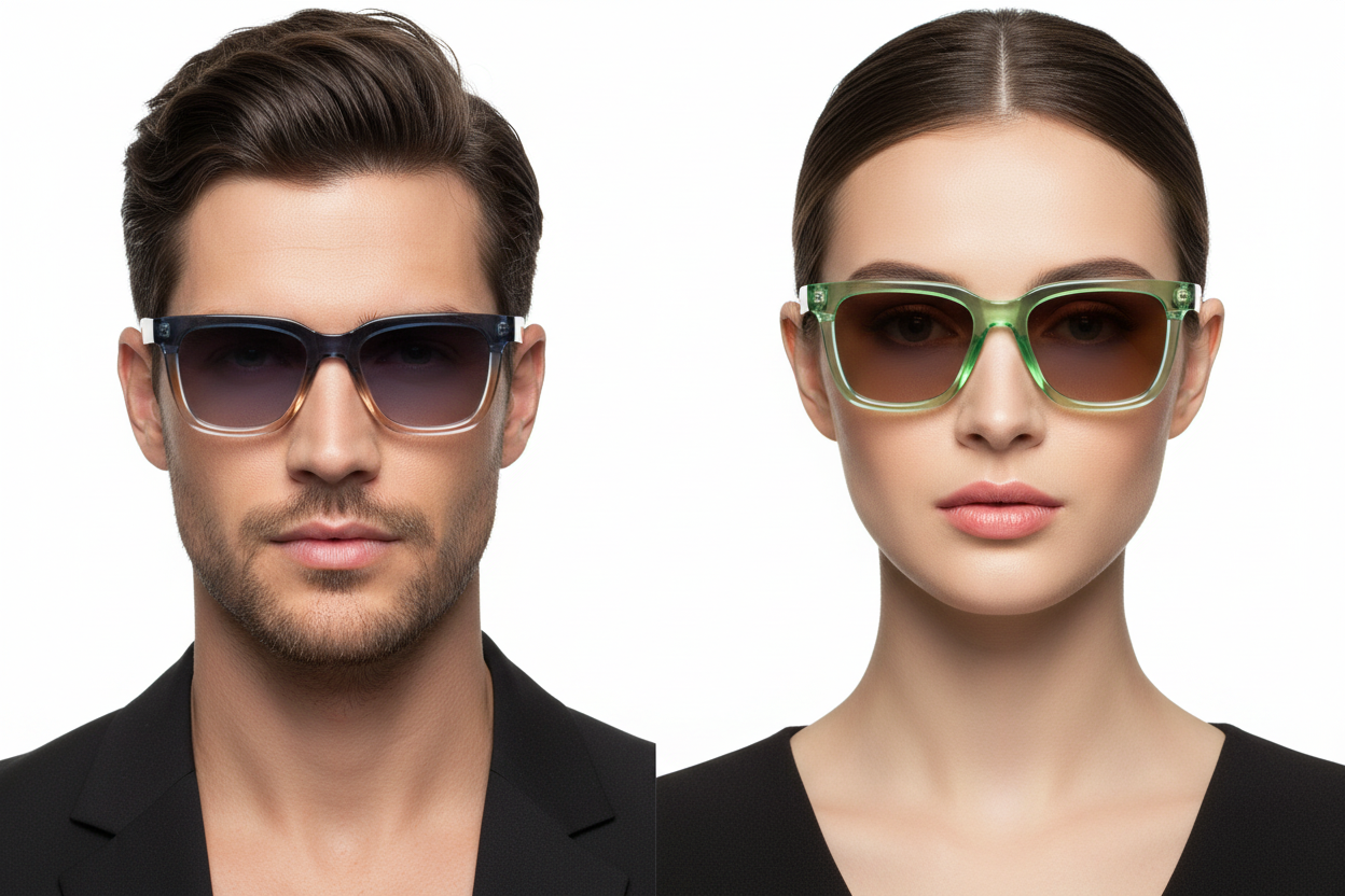 Man and woman wearing translucent gradient square sunglasses