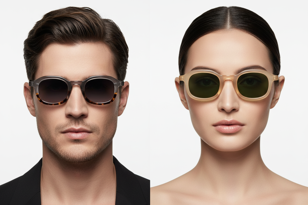 Man and woman wearing two-tone rounded square sunglasses